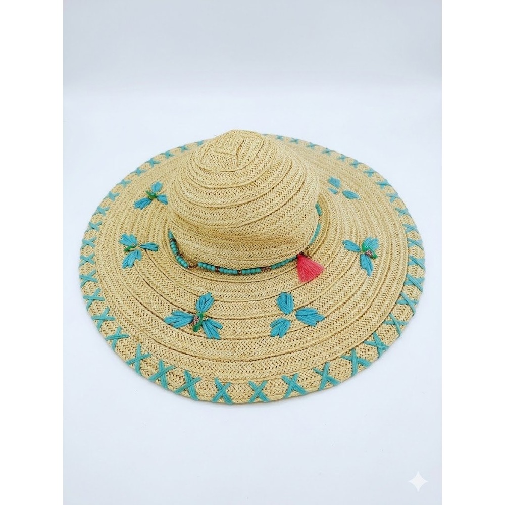 San Diego Hat Company Straw Sun Hat Turquoise Hummingbird Beaded Boho Beach O/S